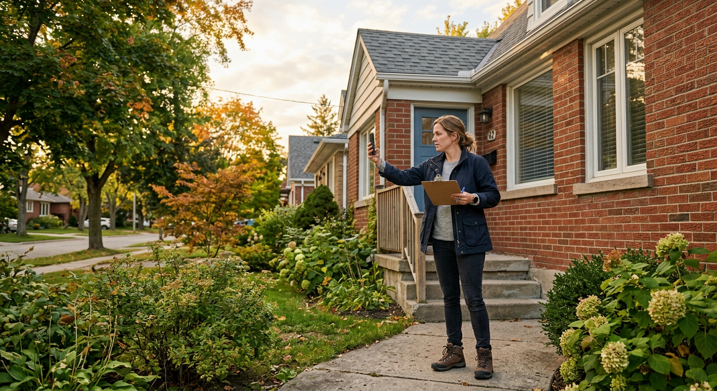A person with a clipboard inspecting the front of a house