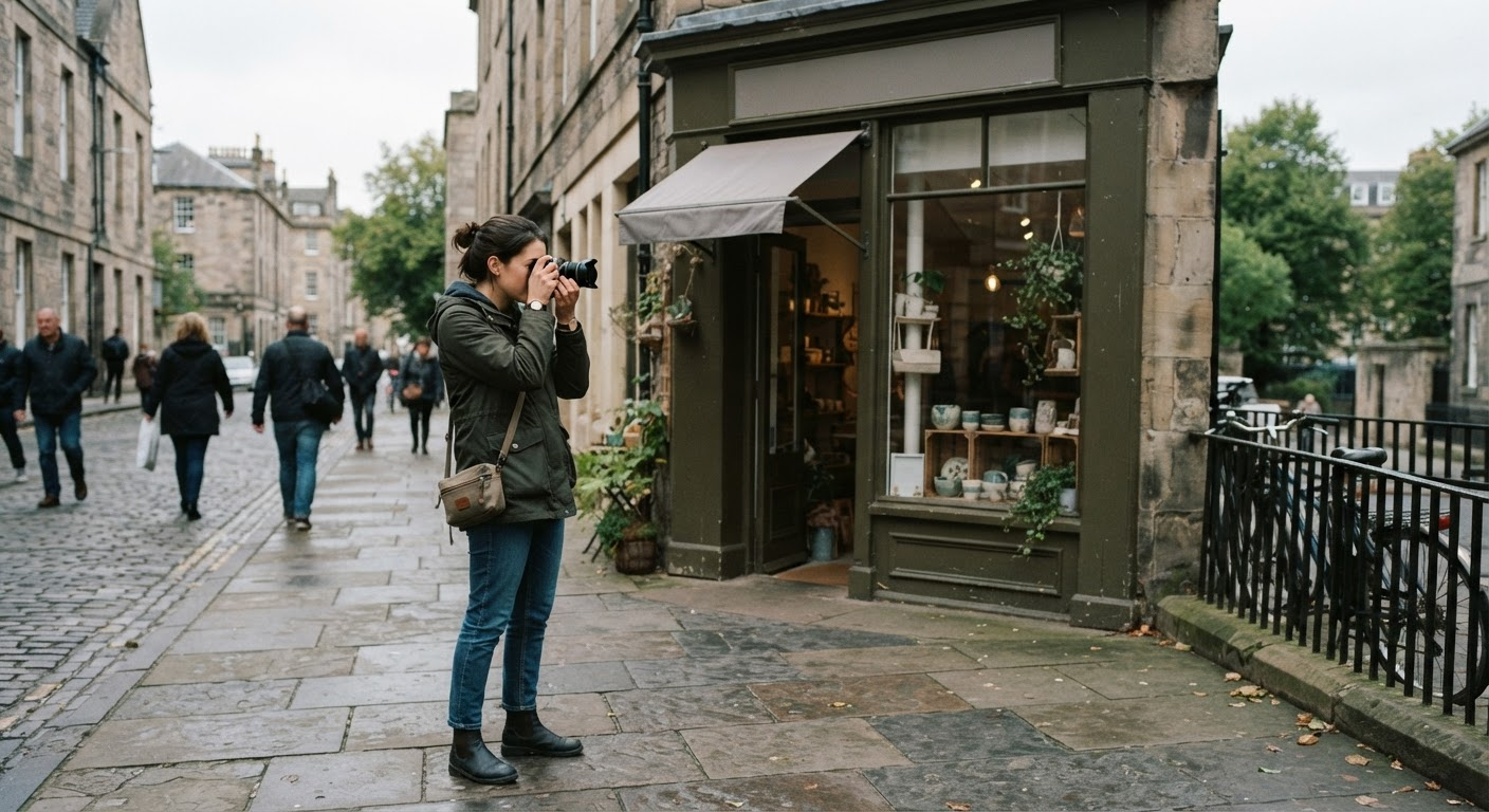 A photographer taking a picture of a storefront