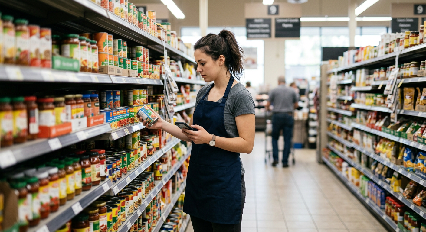 A store employee checking products on a grocery shelf
